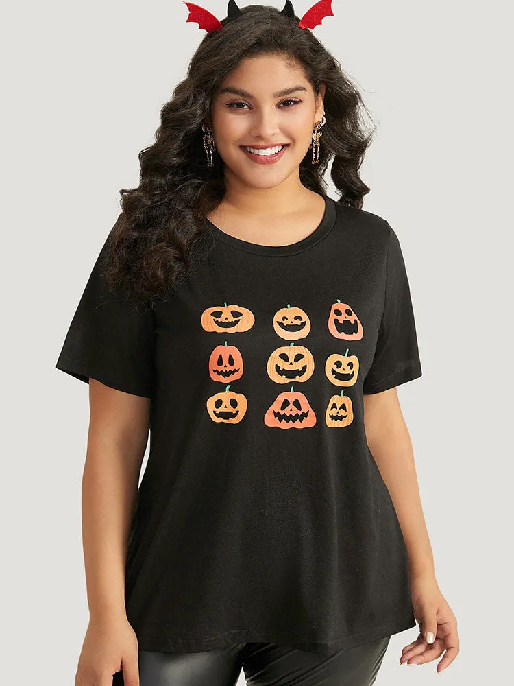 Halloween Pumpkin Print Round Neck T-shirt sold by Bloomchic