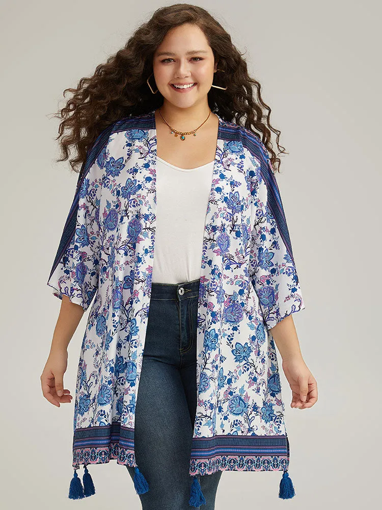Floral Print Tassels Trim Split Side Kimono sold by Bloomchic product image thumbnail 5