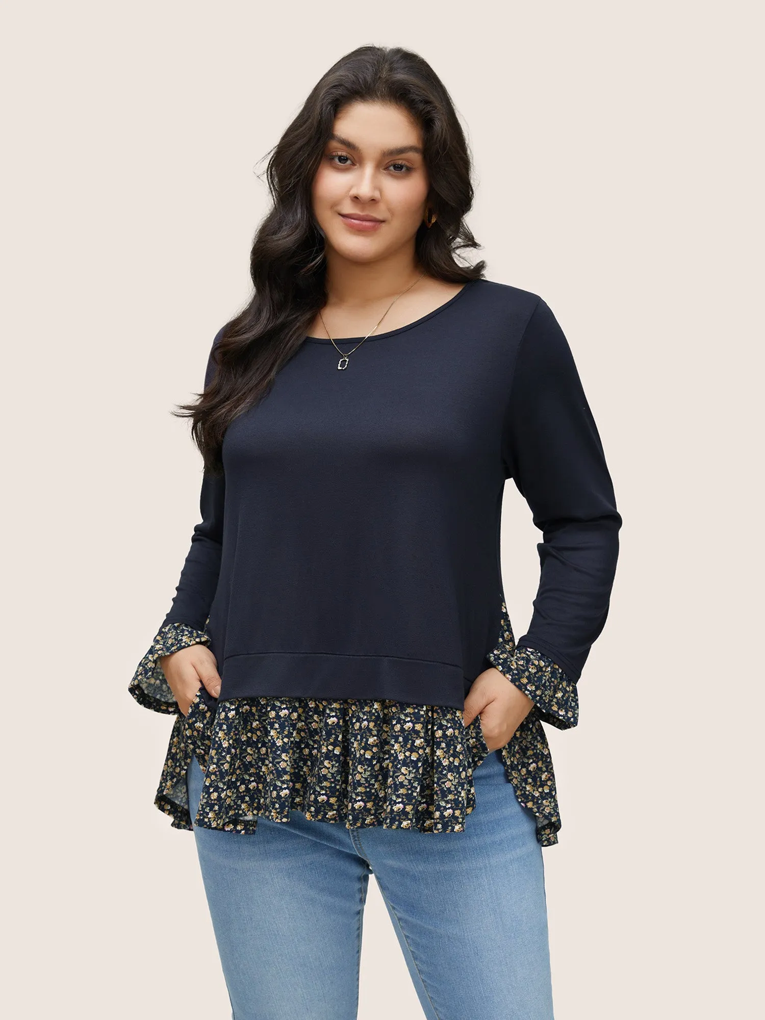 Ditsy Floral Patchwork Split Hem T-shirt sold by Bloomchic