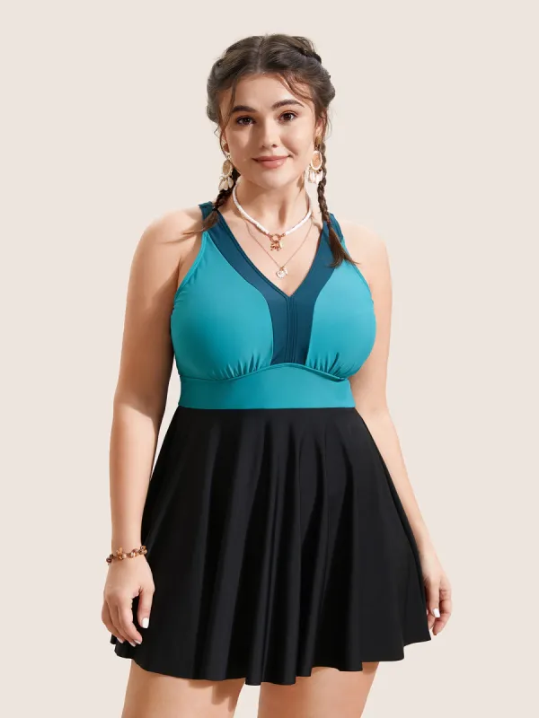 V Neck Patchwork Contrast Gathered Swim Dress sold by Bloomchic