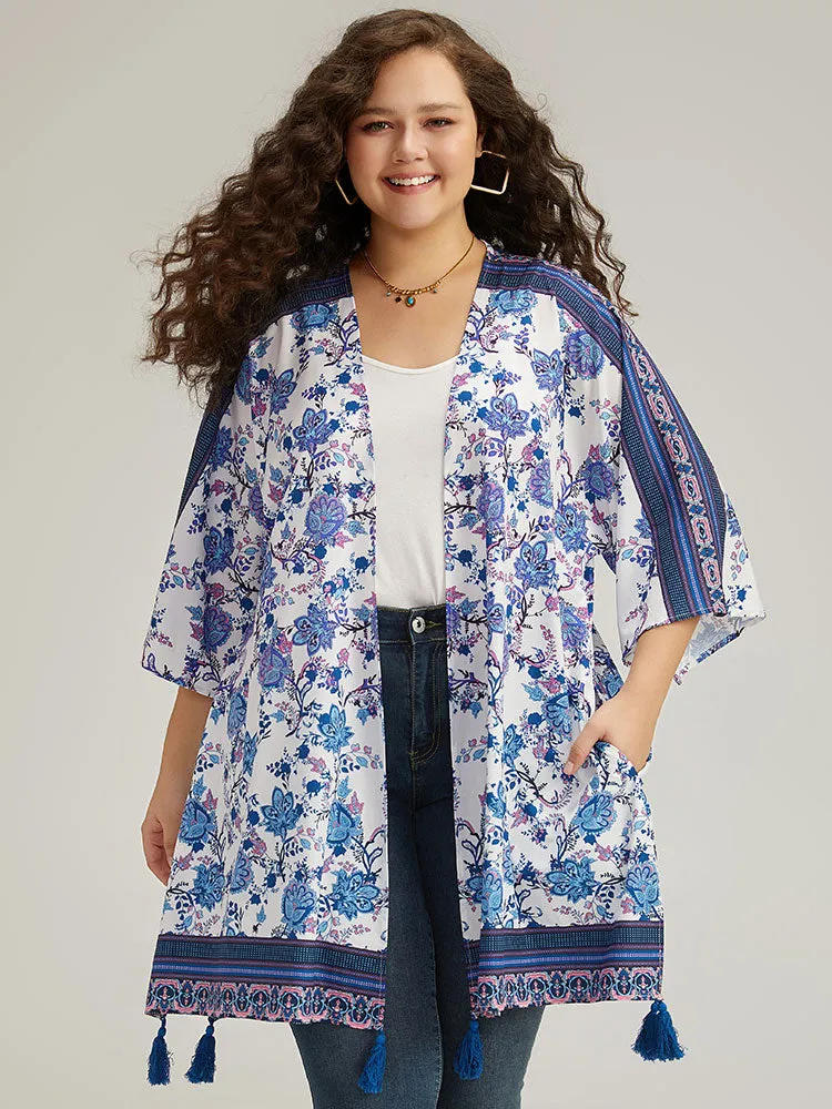 Floral Print Tassels Trim Split Side Kimono sold by Bloomchic