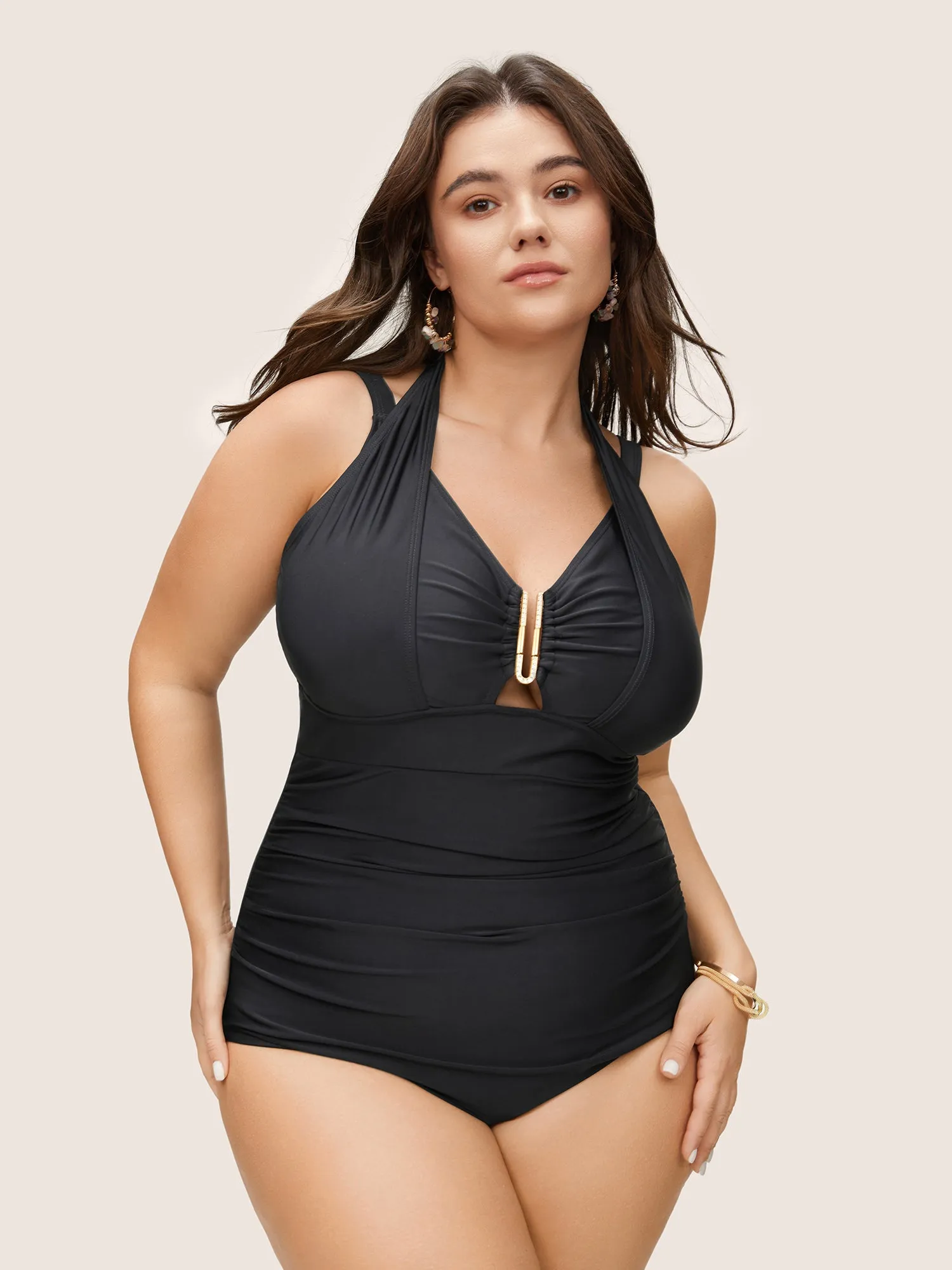 Solid Ruched Metal Buckle Detail One Pieces Swimsuit sold by Bloomchic