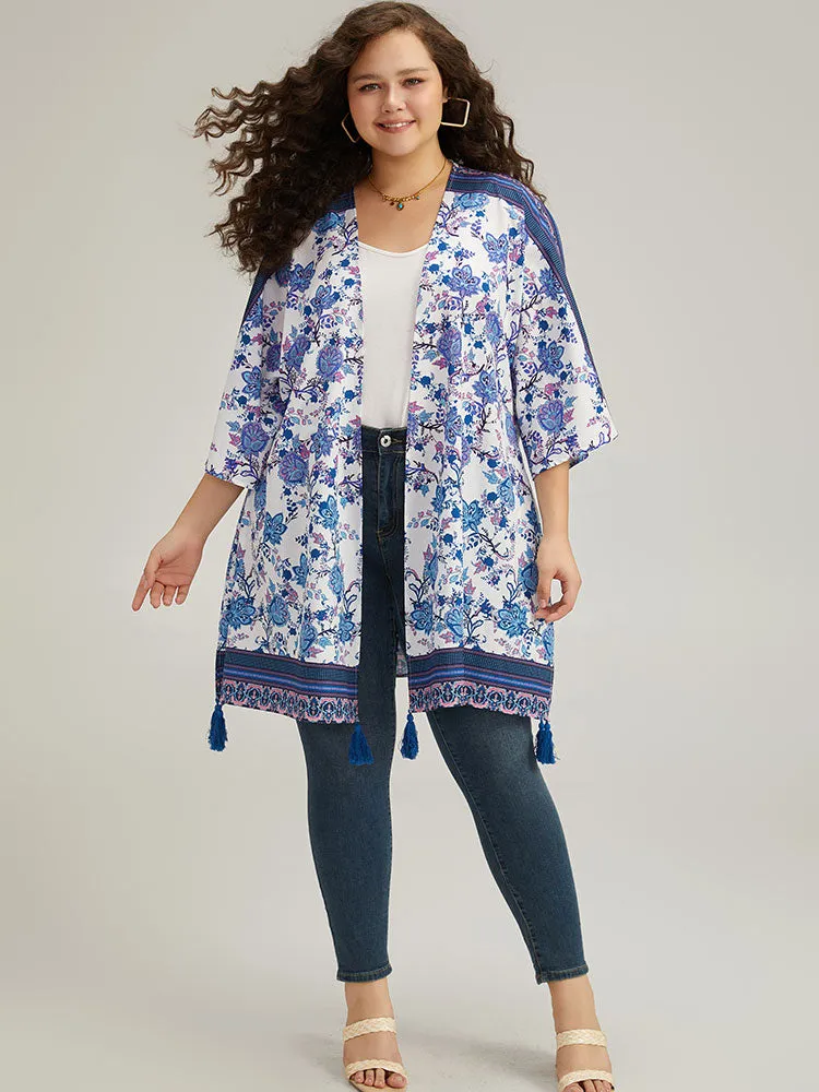 Floral Print Tassels Trim Split Side Kimono sold by Bloomchic product image thumbnail 4