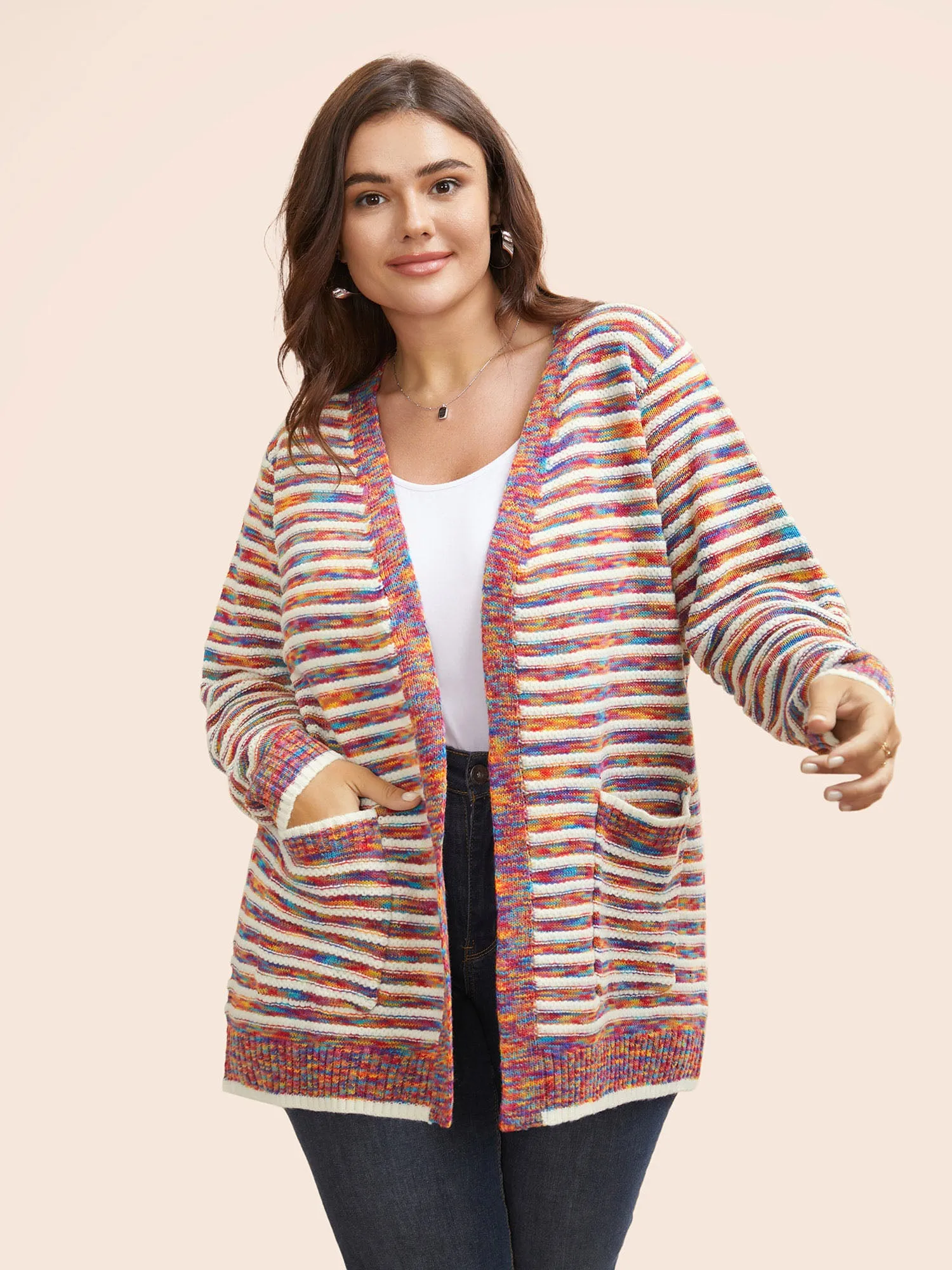 Heather Striped Open Front Pocket Cardigan sold by Bloomchic