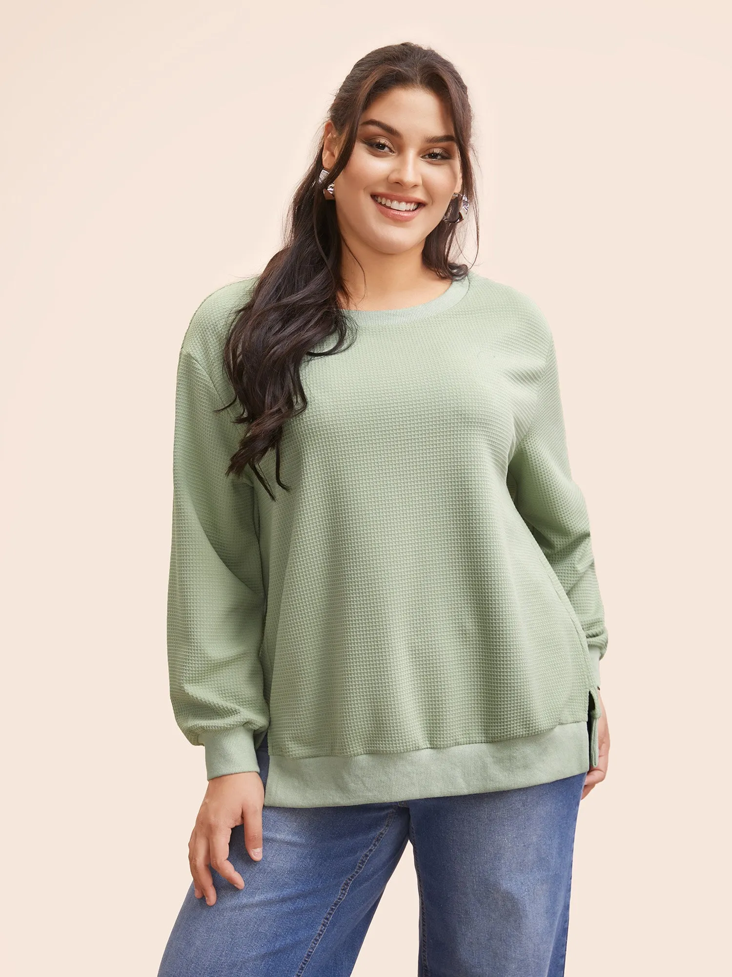 Plain Textured Split Hem Sweatshirt sold by Bloomchic