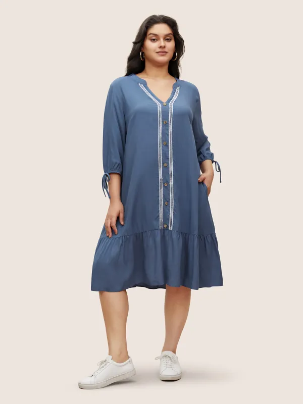 Patchwork Woven Ribbon Button Detail Dress sold by Bloomchic
