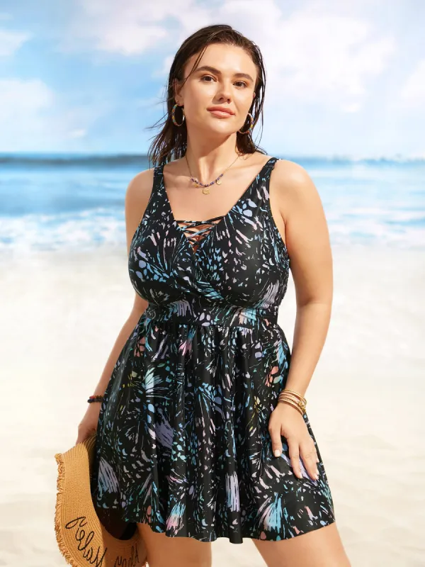 Brush Print Overlap Collar Crisscross Swim Dress sold by Bloomchic