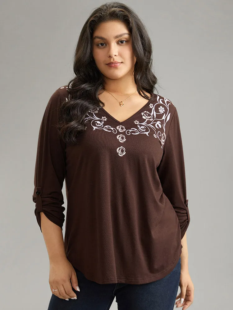 Embroidered Roll Tab Sleeve Arc Hem T-shirt sold by Bloomchic