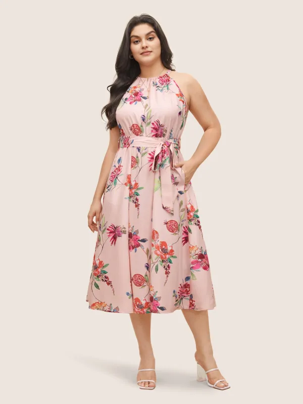 Citrus Fruit Print Halter Belted Gathered Dress sold by Bloomchic