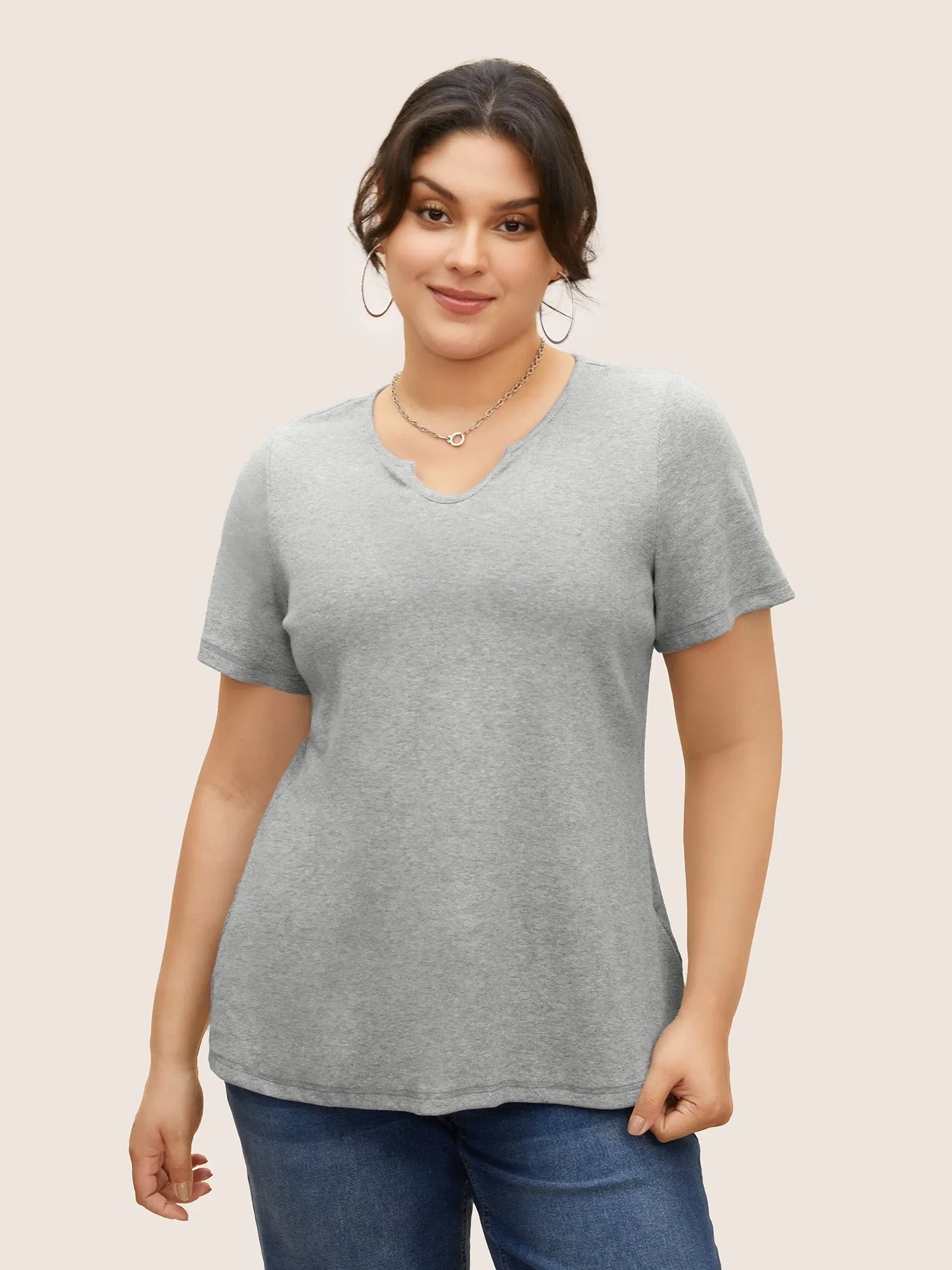 Cotton Notched Collar Solid Pit Strip T-shirt sold by Bloomchic