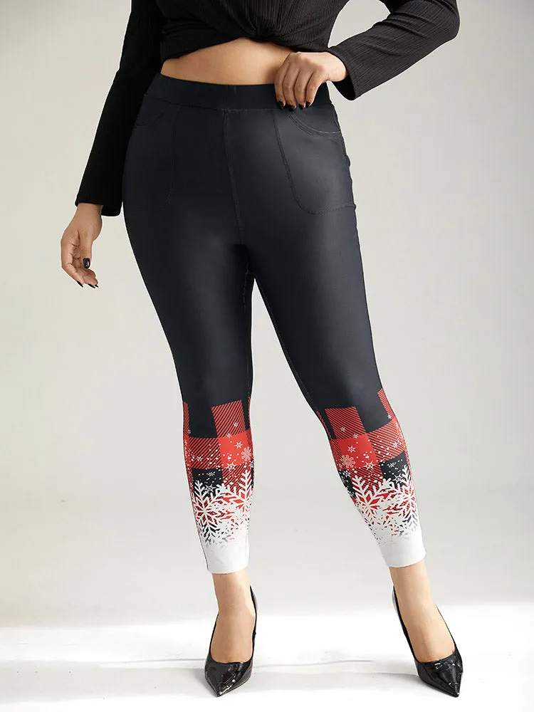 Snowflakes Plaid Pocket Skinny Leggings sold by Bloomchic