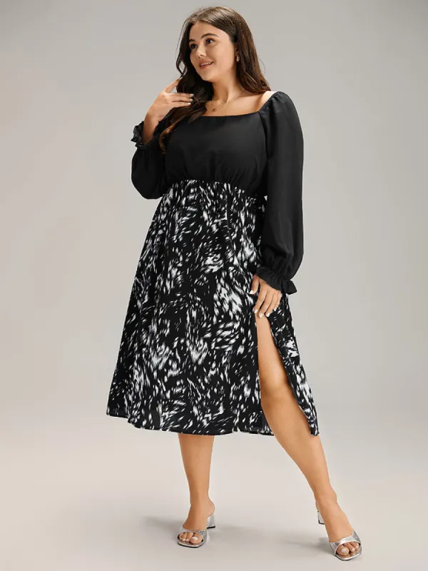 Square Neck Brush Print Patchwork Split Hem Dress sold by Bloomchic