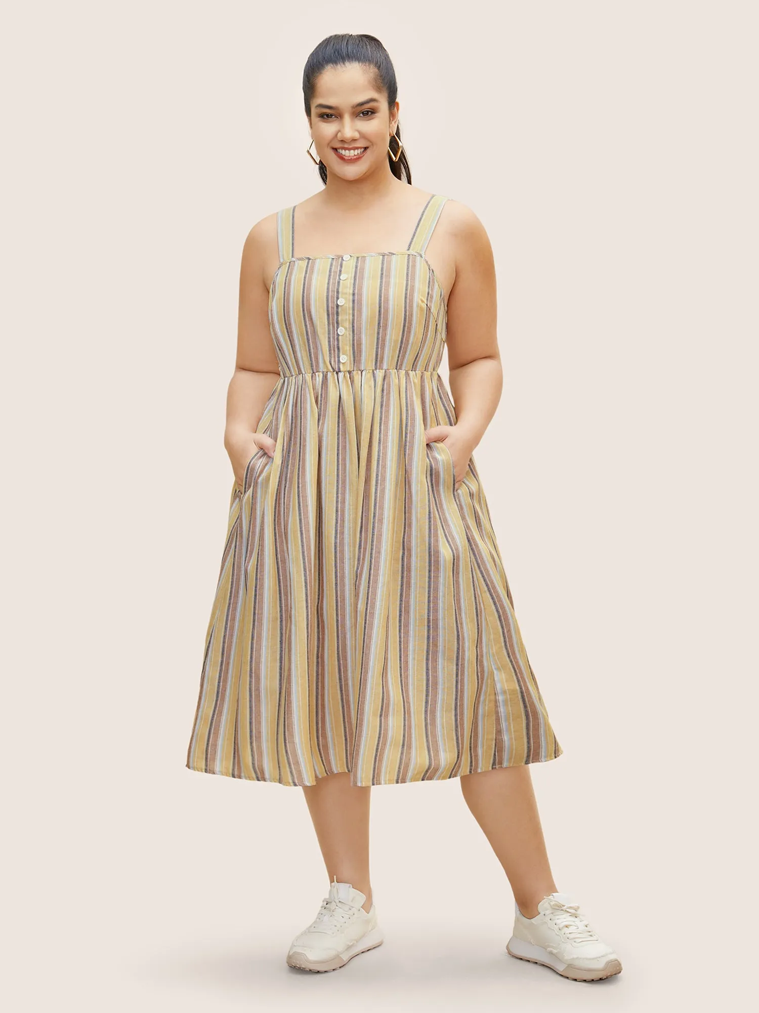 Striped Elastic Waist Button Detail Dress sold by Bloomchic
