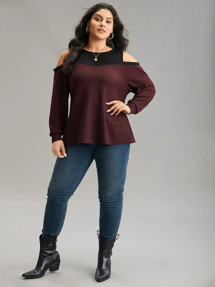 Cold Shoulder Patchwork Contrast Waffle Knit T-shirt sold by Bloomchic product image thumbnail 4