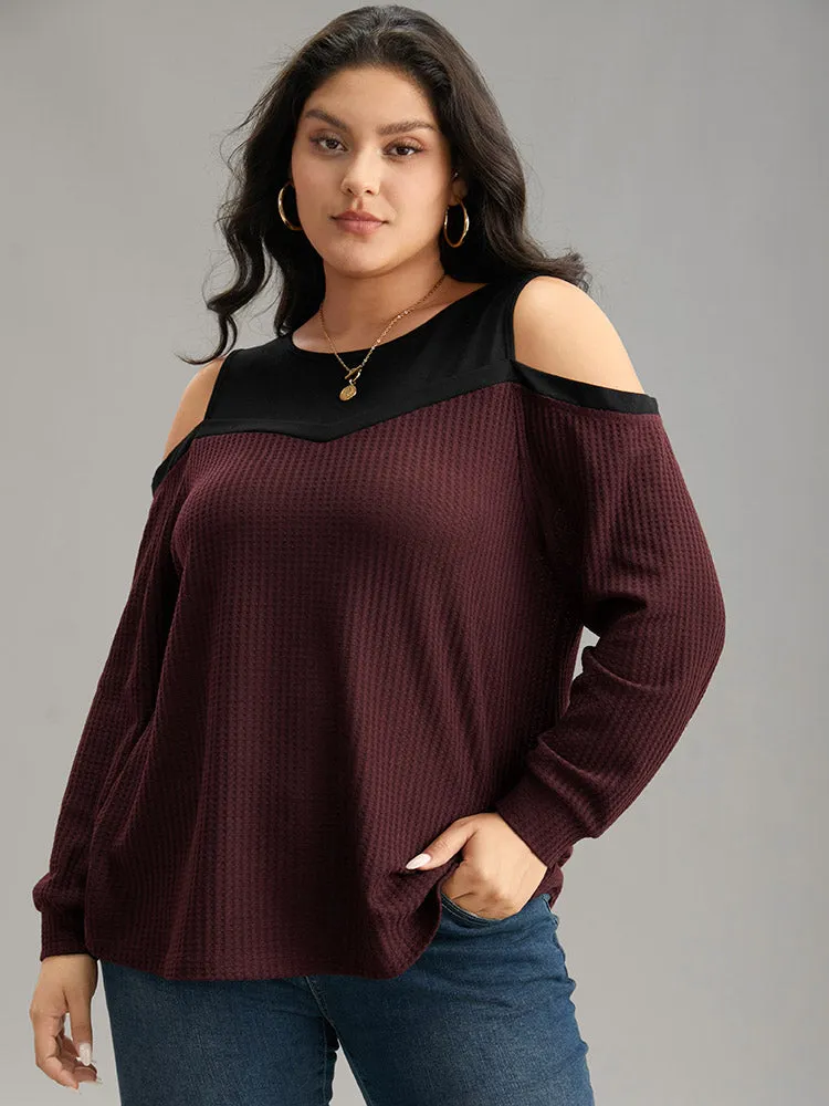 Cold Shoulder Patchwork Contrast Waffle Knit T-shirt sold by Bloomchic