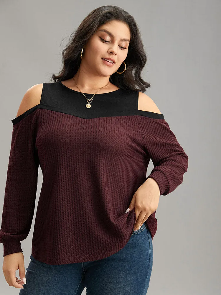 Cold Shoulder Patchwork Contrast Waffle Knit T-shirt sold by Bloomchic product image thumbnail 5
