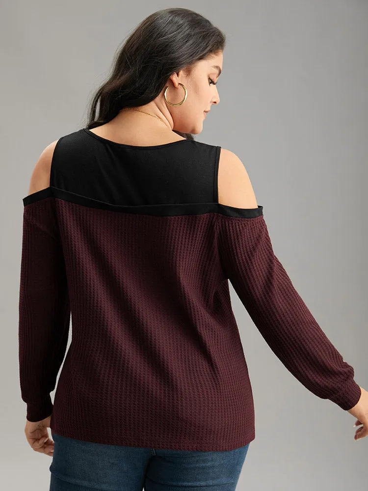 Cold Shoulder Patchwork Contrast Waffle Knit T-shirt sold by Bloomchic product image thumbnail 2