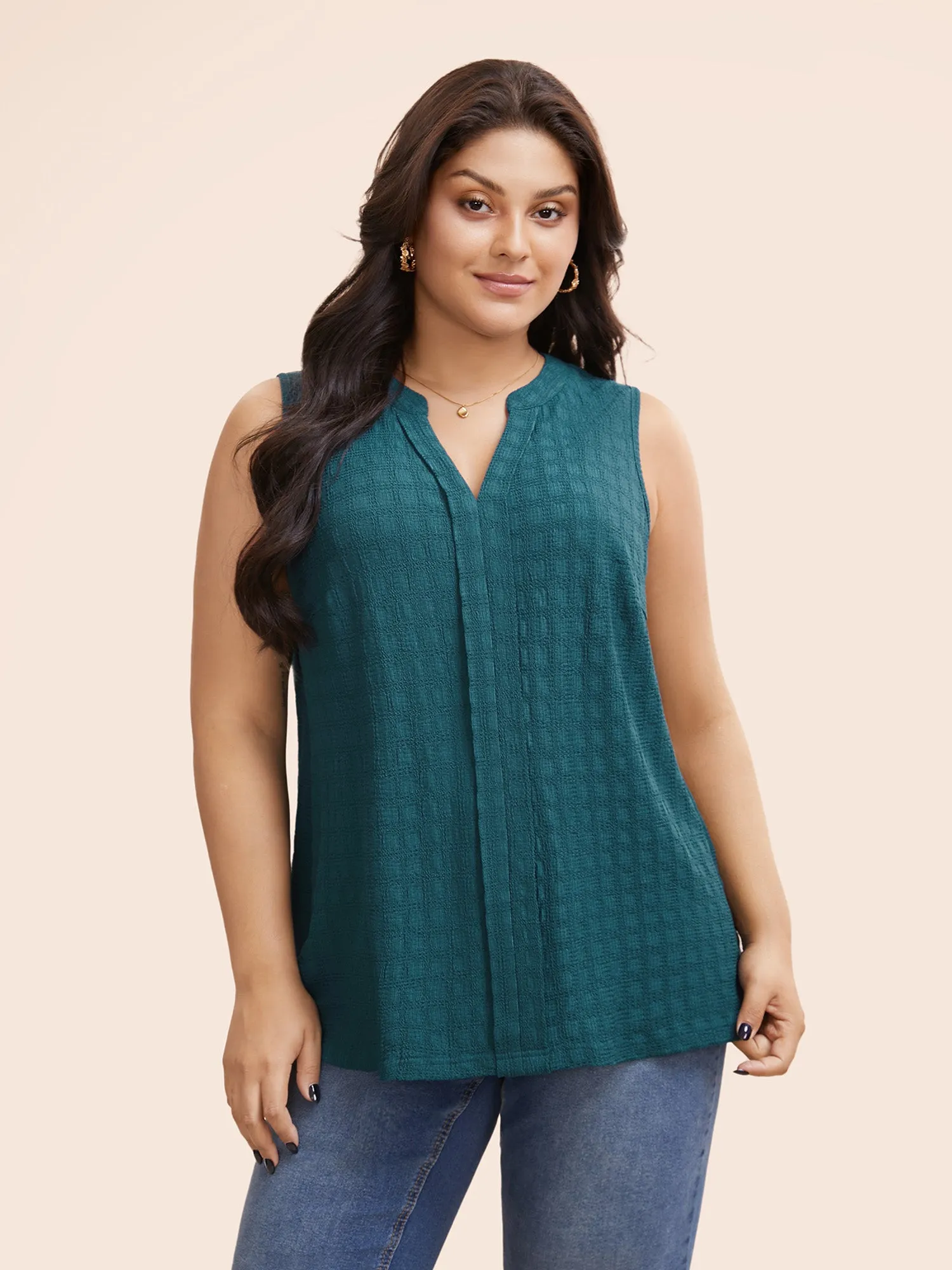 Notched Solid Textured Pleated Tank Top sold by Bloomchic