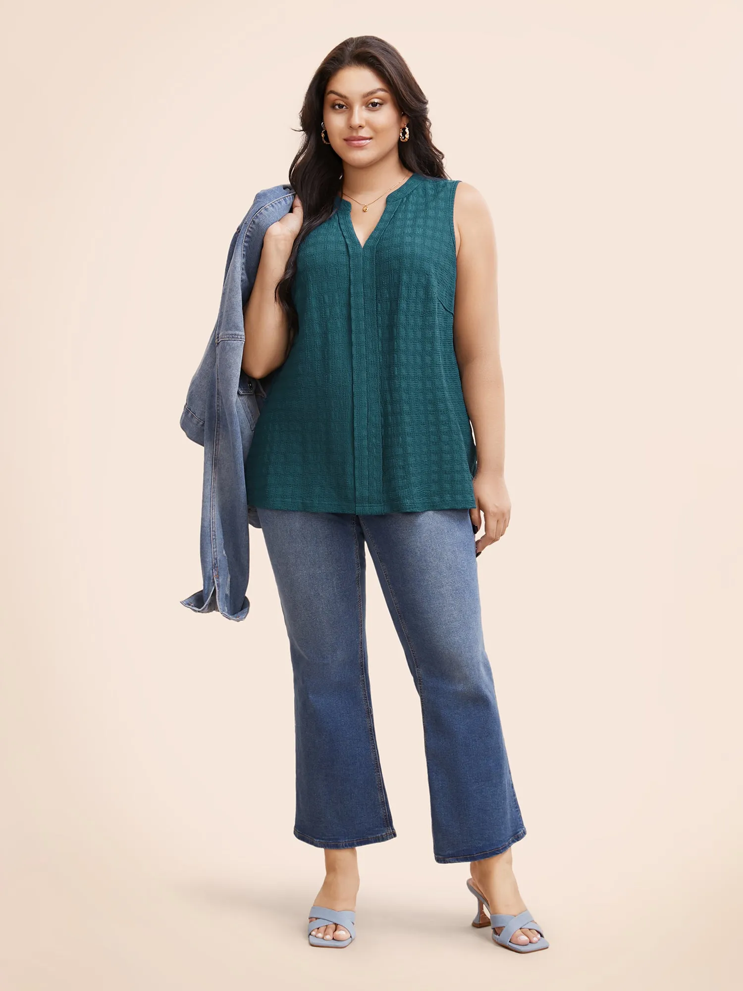 Notched Solid Textured Pleated Tank Top sold by Bloomchic product image thumbnail 2