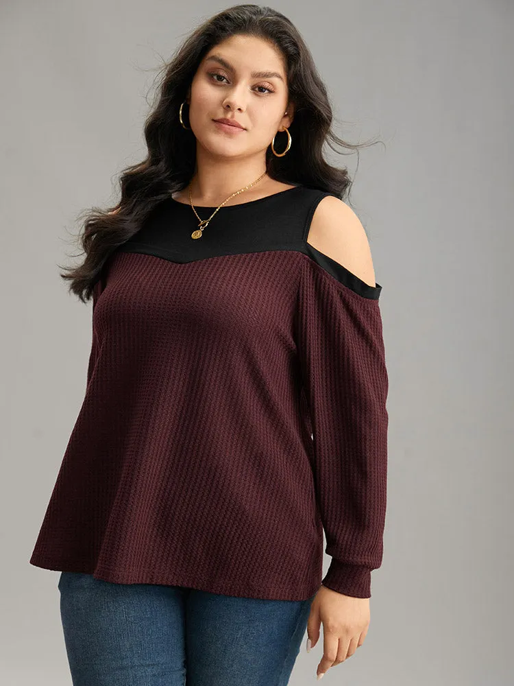 Cold Shoulder Patchwork Contrast Waffle Knit T-shirt sold by Bloomchic product image thumbnail 3