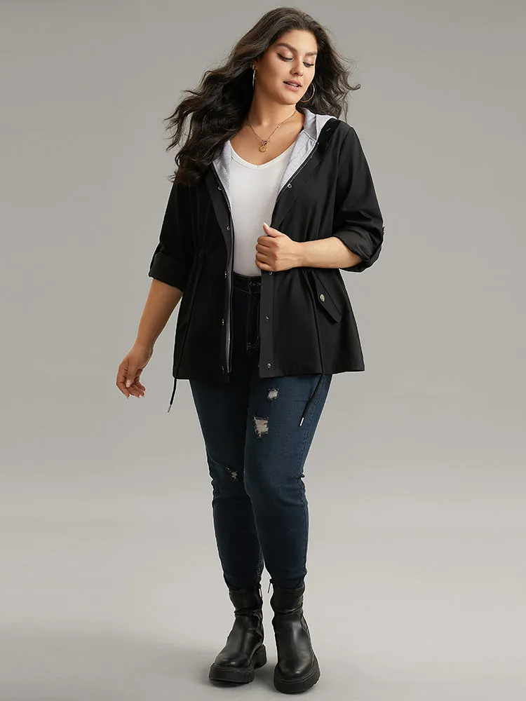 Contrast Hooded Drawstring Zipper Button Up Jacket sold by Bloomchic
