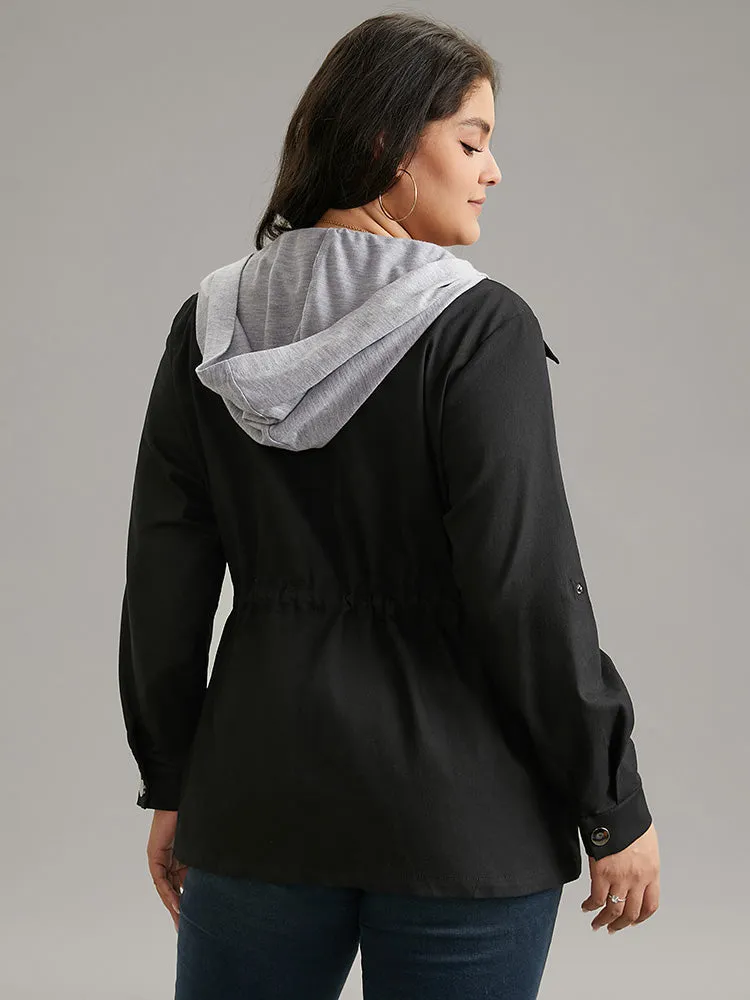 Contrast Hooded Drawstring Zipper Button Up Jacket sold by Bloomchic product image thumbnail 5