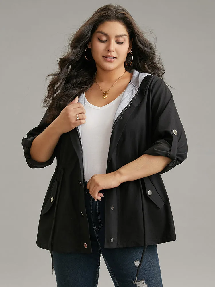 Contrast Hooded Drawstring Zipper Button Up Jacket sold by Bloomchic product image thumbnail 3
