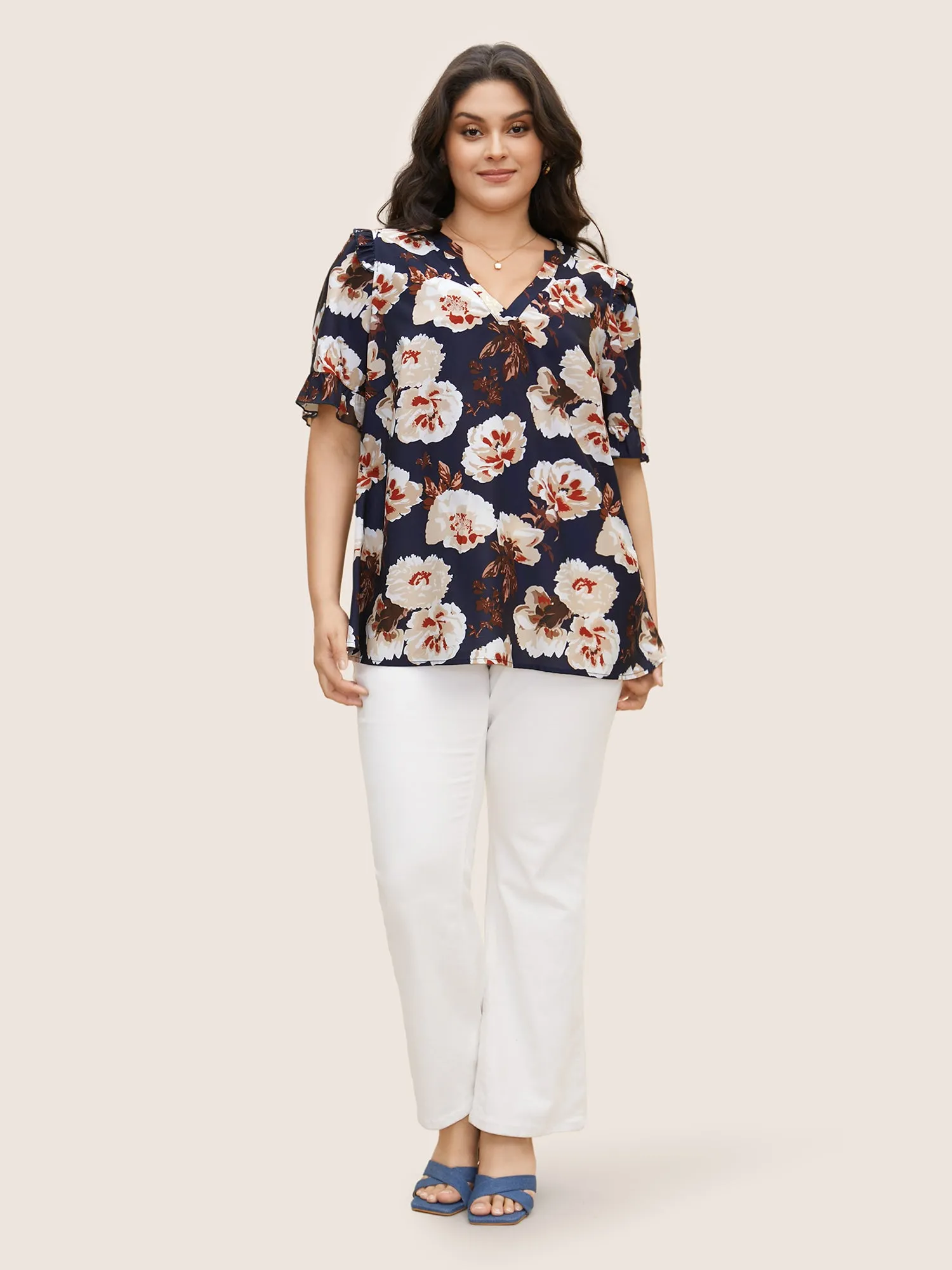 Floral Notched Collar Ruffle Trim Blouse sold by Bloomchic product image thumbnail 2