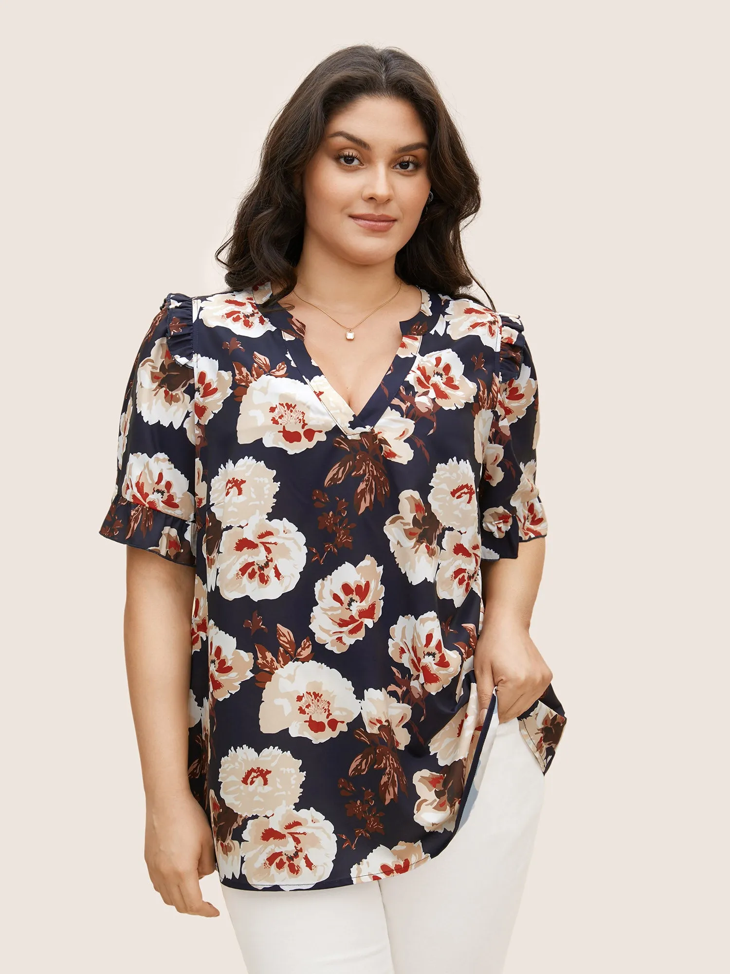 Floral Notched Collar Ruffle Trim Blouse sold by Bloomchic