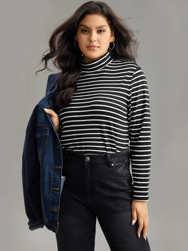 Cotton Striped Funnel Neck T-shirt sold by Bloomchic