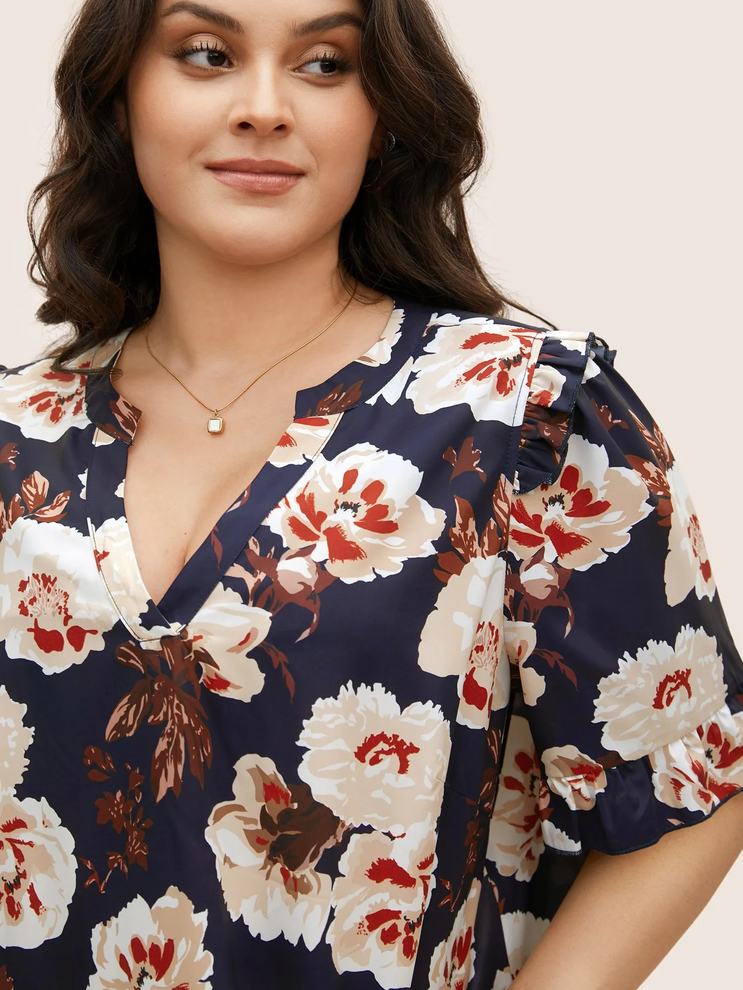 Floral Notched Collar Ruffle Trim Blouse sold by Bloomchic product image thumbnail 3