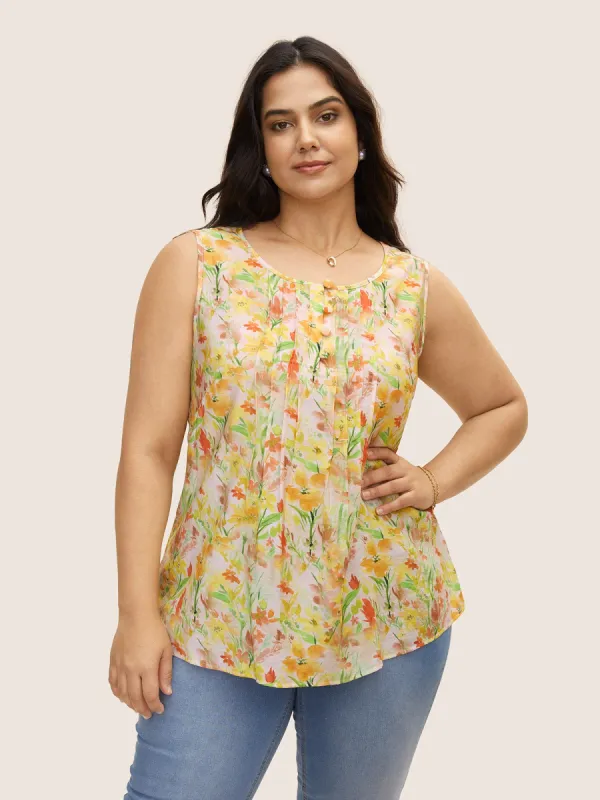 Floral Pleated Button Detail Tank Top sold by Bloomchic