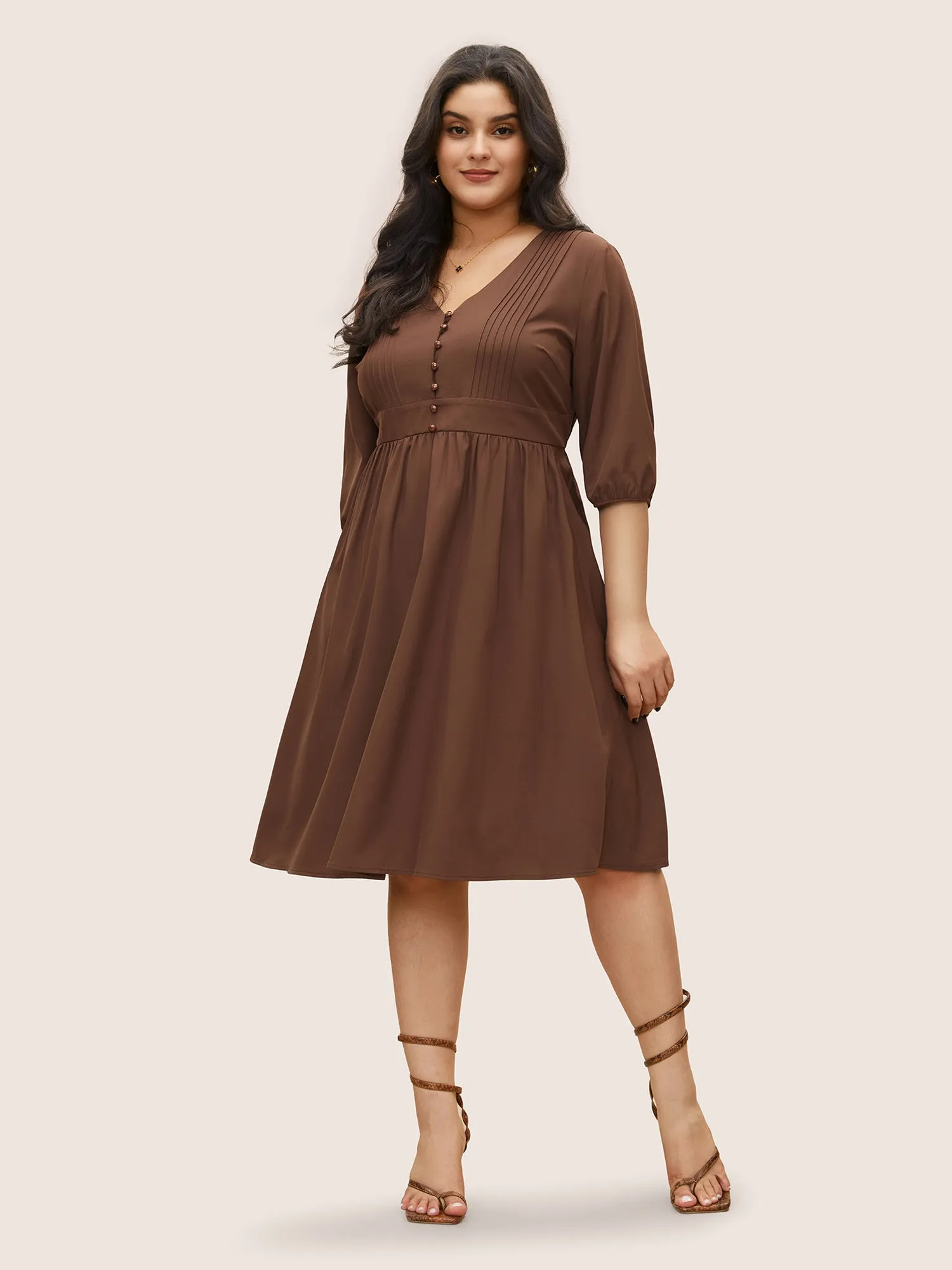 Solid Pleated Button Detail Lantern Sleeve Dress sold by Bloomchic product image thumbnail 2
