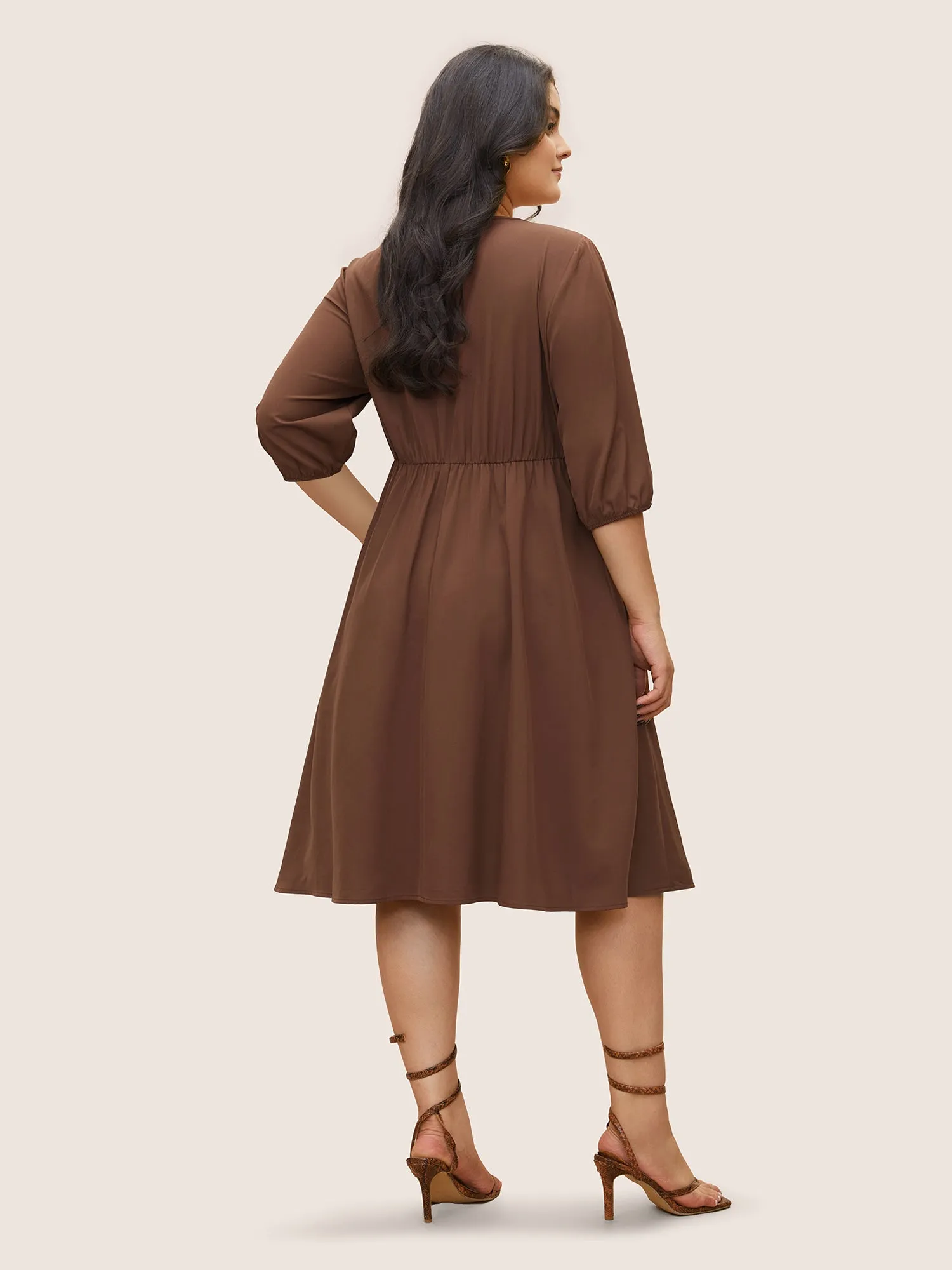 Solid Pleated Button Detail Lantern Sleeve Dress sold by Bloomchic product image thumbnail 3
