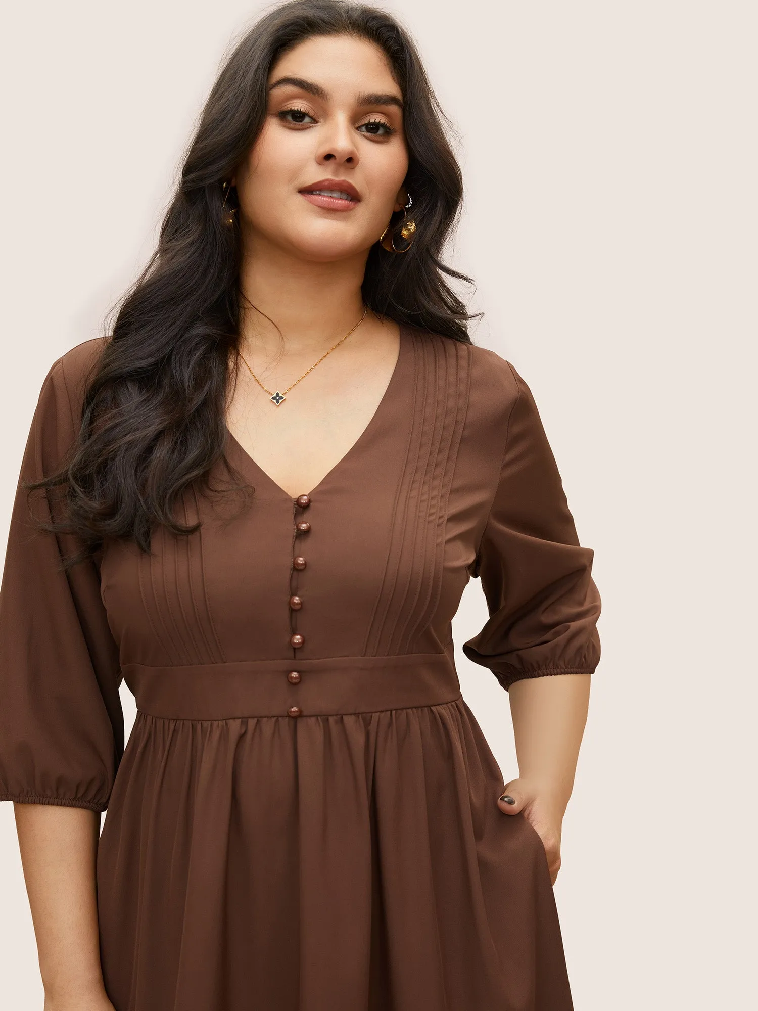 Solid Pleated Button Detail Lantern Sleeve Dress sold by Bloomchic product image thumbnail 4