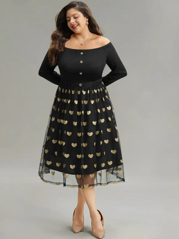 Heart Print Rib Knit Button Detail Off Shoulder Dress sold by Bloomchic