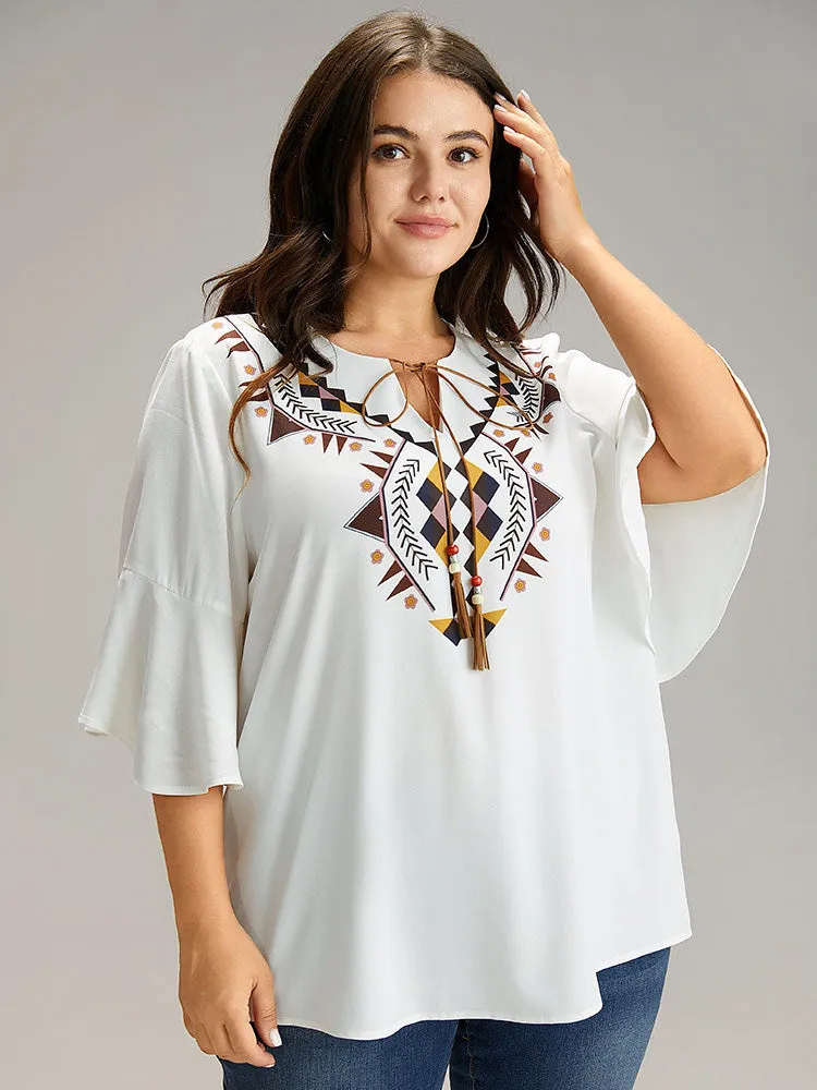 Bandana Patchwork Tassel Trim Flutter Sleeve Blouse sold by Bloomchic product image thumbnail 5