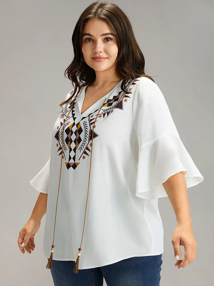 Bandana Patchwork Tassel Trim Flutter Sleeve Blouse sold by Bloomchic product image thumbnail 3