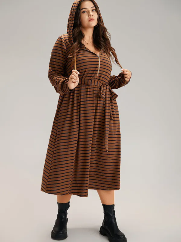 Striped Belted Zipper Drawstring Dress sold by Bloomchic