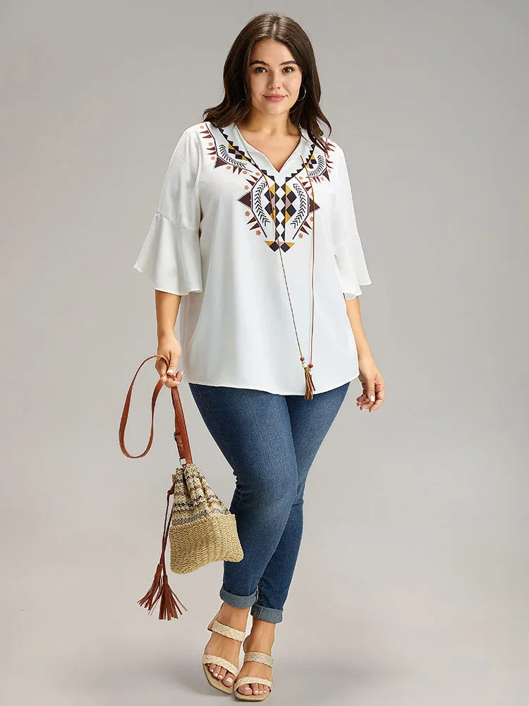 Bandana Patchwork Tassel Trim Flutter Sleeve Blouse sold by Bloomchic product image thumbnail 4