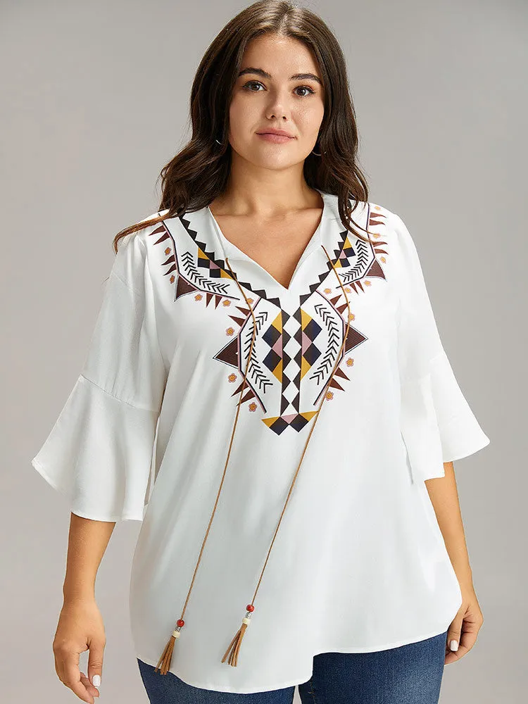 Bandana Patchwork Tassel Trim Flutter Sleeve Blouse sold by Bloomchic