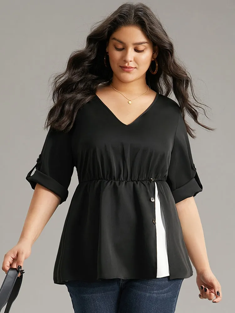 Contrast Button Detail Tab Sleeve Blouse sold by Bloomchic