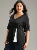 Contrast Button Detail Tab Sleeve Blouse sold by Bloomchic