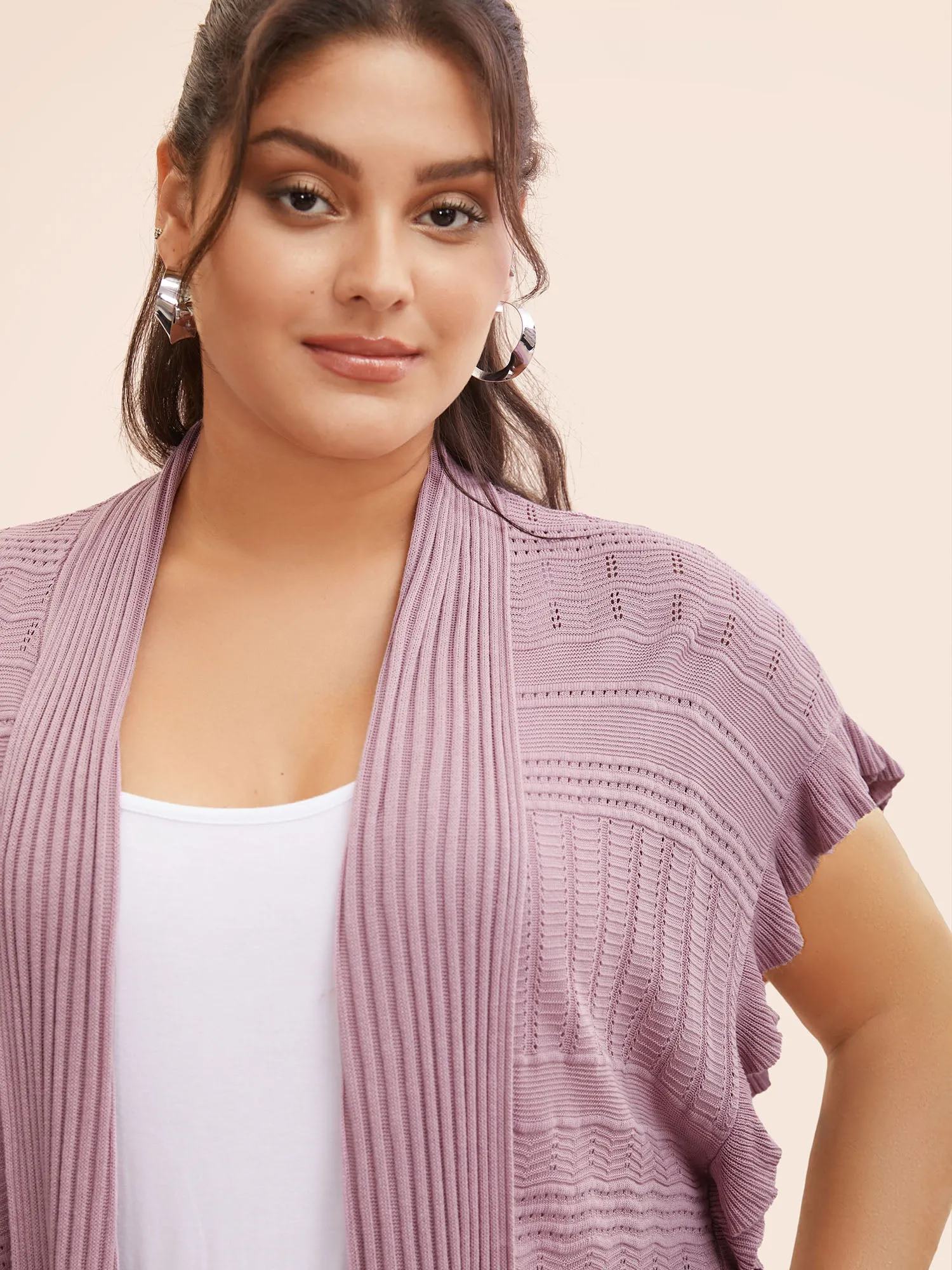 Plain Textured Patchwork Ruffle Trim Cardigan sold by Bloomchic product image thumbnail 4
