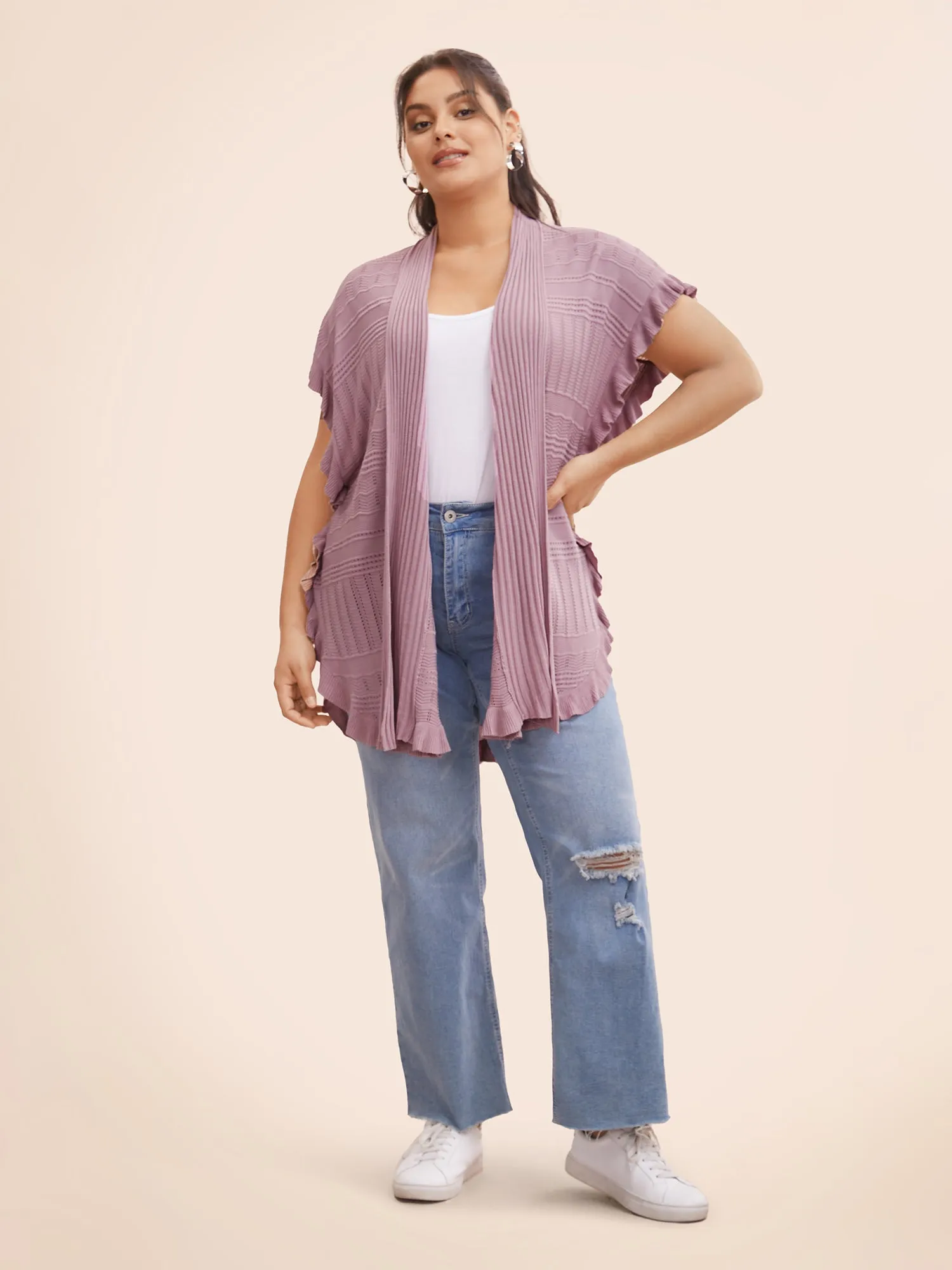 Plain Textured Patchwork Ruffle Trim Cardigan sold by Bloomchic product image thumbnail 3