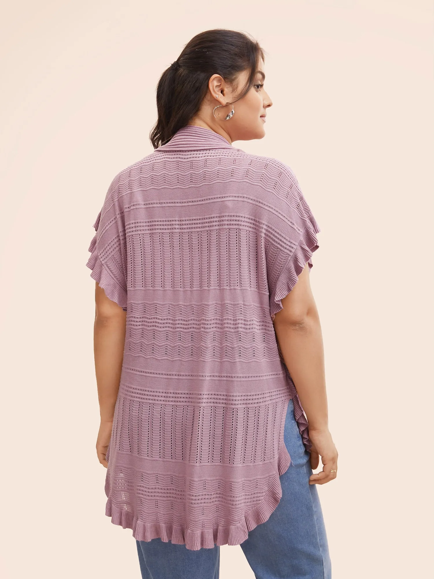 Plain Textured Patchwork Ruffle Trim Cardigan sold by Bloomchic product image thumbnail 2