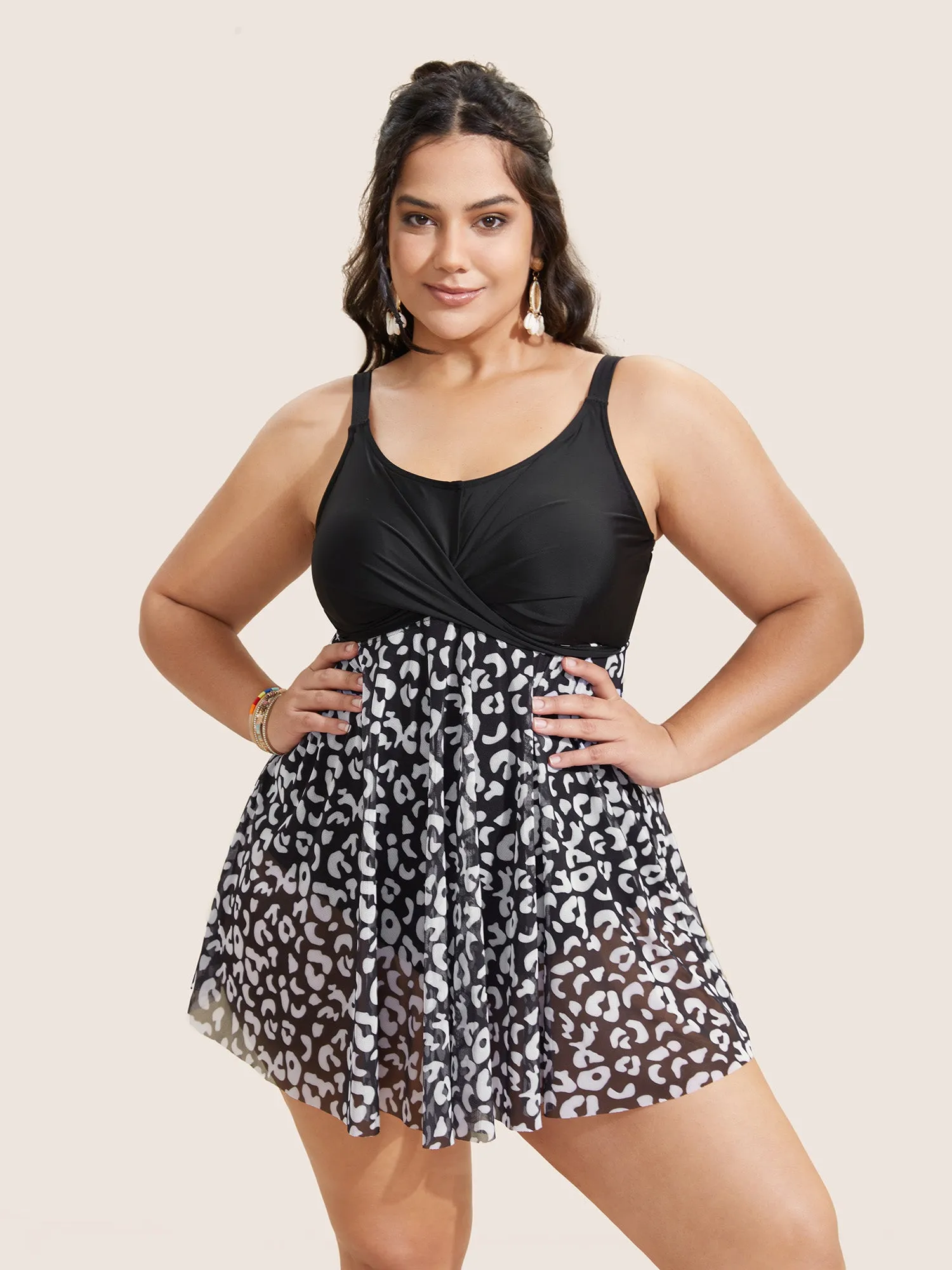 Leopard Print Patchwork Heart Neckline Swim Dress sold by Bloomchic