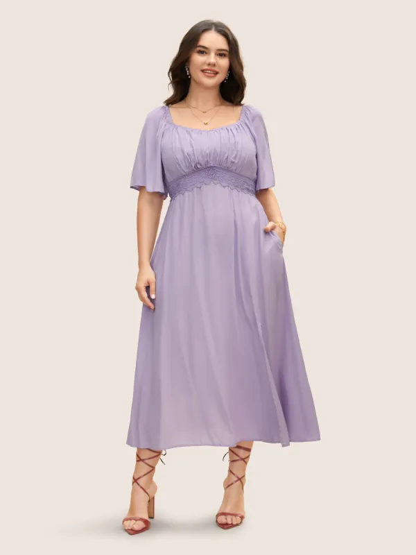 Heart Neckline Lace Panel Gathered Split Front Dress sold by Bloomchic