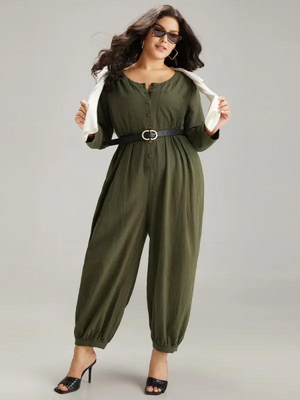 Plain Pocket Button Up Pleated Jumpsuit sold by Bloomchic