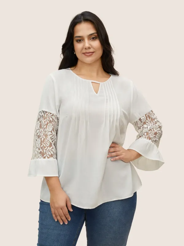 Crochet Lace Mesh Keyhole Pleated Blouse sold by Bloomchic